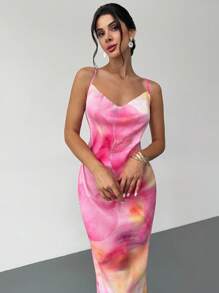 Firerie 夏季新款女装连衣裙，简约优雅浪漫，适合休闲约会、假日海滩派对，黄粉色花卉印花，褶皱纹理面料，细肩带甜心领无袖修身长裙 - 玫紅色 - 查看 6