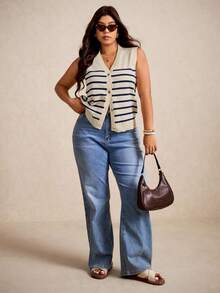 Elaquor Áo vest dệt kim kẻ sọc cỡ lớn thường ngày cho mùa thu/đông - Màu xanh hải quân - Xem 2