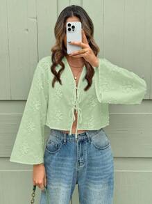 SHEIN Clasi 女士纯色立体刺绣前系带休闲夏季衬衫 - 薄荷綠 - 查看 5