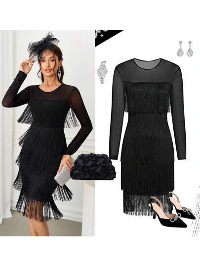 Ellevyn Carnival Valentine's Day Carnival Women's New Autumn/Winter Dress, Mesh Patchwork Multi-Layered Tassel Flowing Dress, Suitable For Afternoon Tea, Party, Photo Shoot, Versatile Fringe Dress Black Fringe Dress Tassel Dress Black Mesh Dress Long Sleeve Fringe Dress,Fall Dresses For Women