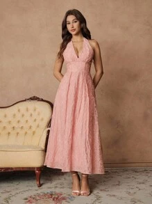 SHEIN Unity Váy đuôi cá thêu cổ chữ V lãng mạn thanh lịch dành cho nữ, váy dự tiệc cưới, váy tiên, trễ vai - Hồng - Xem 4