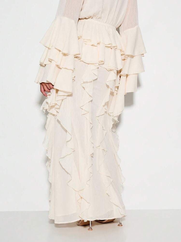 KIZN Jupe longue superposée transparente à volants, tenue de plage, festival, invité de mariage, longue jupe fendue pour soirée spéciale, jupe enveloppante pour plage et fête