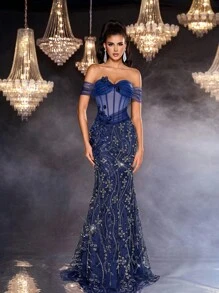 Glamrae Váy dạ hội nữ, Đầm lưới trang trọng, Đầm dạ hội, Đầm trễ vai, thiết kế xương cá, eo nhún, thêu ngọc trai màu xanh nước biển thanh lịch, viền đuôi cá - Màu xanh hải quân - Xem 6