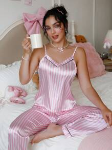PetitDoll Striped Print Faux Silk Camisole Top And Pants Women Pajama Set Pink Silk Pajamas Set Silk Pajamas Women Women Silk Pajamas Satin Pajamas Set Striped Pajamas Set - Multicolor - View 5