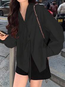 INAWLY Casual Fashionable Versatile Solid Color Bowknot Women Shirt Fall Cloth For Women