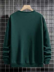 EURMUSE 100%Cotton Men Letter Patched Drop Shoulder Sweatshirt - Dark Green - View 2
