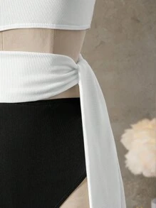 SHEIN Swim 夏季海滩双色镂空结侧单肩连体泳衣性感连体泳衣白色泳衣 - 黑與白 - 查看 10