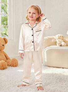 SHEIN Conjunto de pijama de satén con bloques de color y ribete de contraste para niña joven - Champán - Ver 5