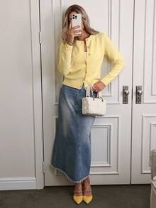 Aalyst Women Crew Neck Long Sleeve Single-Breasted Minimalist Elegant Cardigan, Autumn & Winter,Long Sleeve Tops - Yellow - View 6