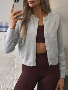 EMERY ROSE 落肩纽扣前开衫，长袖上衣 - 灰色 - 查看 5