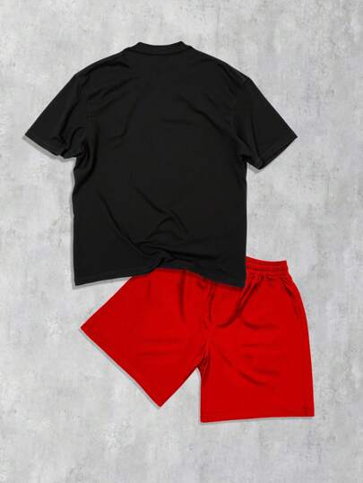Grunge Punk Men's Flame Face Short Sleeve Rhinestone Star T-Shirt And Shorts Set