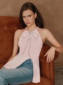 Anewsta Savoree 夏季优雅时尚粉色露背修身中长款荷叶边无袖开衩针织上衣/T恤，饰有水钻，是夏季、优雅场合以及情人节的完美之选。 - 粉色 - 查看 4