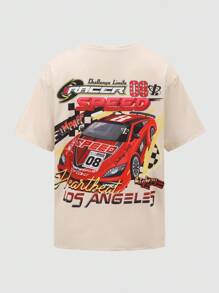 Teen Girls Casual Racing Patterns Short-Sleeve Loose T-Shirt,Sporty Style Summer,Streetwear,Graduation,Back-To-School Fashion Street Racing Elements - Apricot - View 2