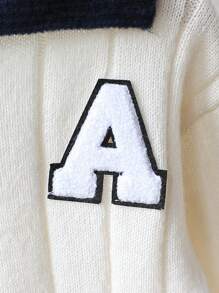 SHEIN 小男孩厚字母贴花半拉链针织毛衣，长袖，秋冬 - 白色 - 查看 6