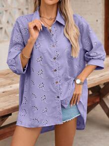 Selamara Áo cánh thêu khoét lỗ màu trơn thường ngày/công sở dành cho nữ - Màu tím hoa cà - Xem 7