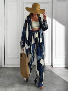 LONG SLEEVE KIMONO & ELASTICAL WAISTED ALL OVER PRINTED CO-ORD SET - Multicolor - View 4