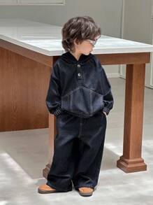 Dazy Kids طقم بنطلون جينز وجاكيت جينز فضفاض عادي لصبي صغير، موسم الخريف، 2 قطعة