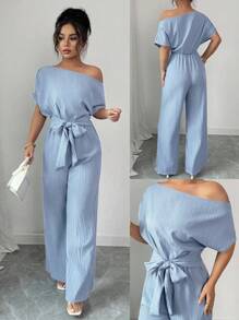 Elenzga Women's Casual Elegant Blue Vertical Striped Dual-Fabric Oblique Collar Shoulder Sleeve Short Sleeve Front Tie Design Long Wide Leg Jumpsuit, Spring/Summer