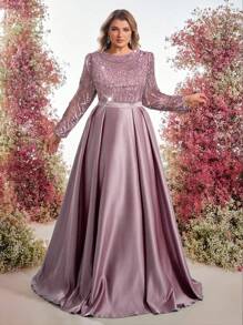 Glamrae Plus Size Elegant Romantic Boat Neck Long Sleeve Sheer Beaded Embroidered Patchwork A-Line Formal Gown - Pink - View 6