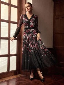 ZEYLAH Lace Patchwork Print Maxi Dress, Autumn/Winter - Black - View 7