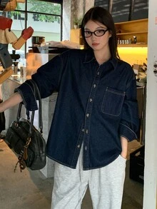 DAZY Women's Loose Casual Denim Jacket And Coat, Spring/Autumn - Blue - View 3