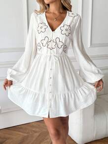 Breezaya Women's Button Design Lantern Sleeve Fashion Two-Tone Embroidered Mini Dress - White - View 3