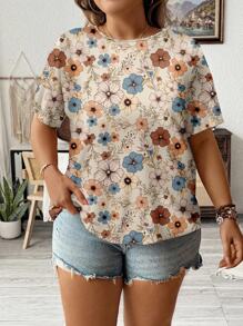 SHEIN LUNE Casual Minimalist Allover Print Round Neck Short Sleeve Loose Fit Plus Size T-Shirt, Suitable For Summer Suitable For Going Out - White - View 4