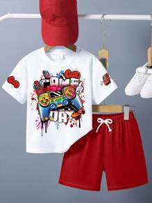 GraphicGems 2 件年轻男孩“Good Game Day”涂鸦印花圆领短袖白色 T 恤和红色宽松梭织短裤套装，夏季 - 紅色 - 查看 2