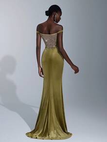 Elitara Elegantes vintage Samt-Kleid, Off-Shoulder Ausschnitt, rückenfreiem Design, Perlenbesatz und Meerjungfrauensaum, geeignet für Partys, Geburtstage, Bälle, Cocktail-Tees, Geschäftsveranstaltungen, Galas und andere formelle Anlässe - Armeegrün - Übersicht 2