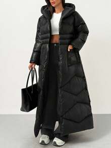 EURMUSE Women Solid Color Belted And Pocket Detailed Long Winter Coats - Black - View 2