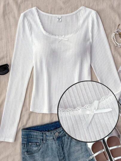 Teen Girl White Solid Color Casual Knit Lace Bow Square Neck Long Sleeve T-Shirt, Street, Basic, Daily, Versatile, Back To School , Cute Long Sleeve Top White Ribbed Top White Long Sleeve Top Tight White Top Fitted White Top White Tight Top Fall Winter