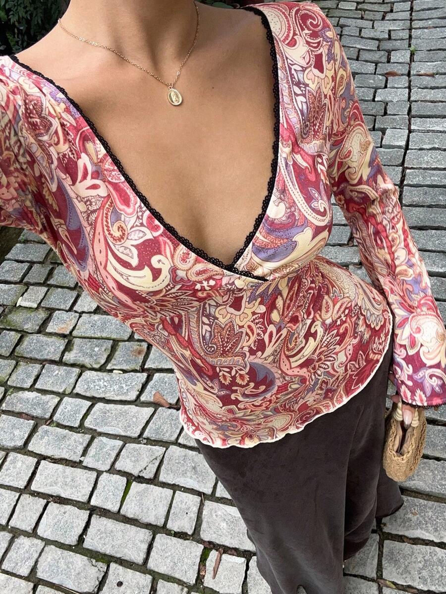 Sunnyshic Women's Paisley Print V-Neck Long Sleeve Top Fall Cloth For Women