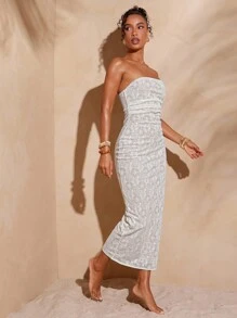 Hauture 女式花卉提花褶饰侧开衩下摆修身优雅中长连衣裙 - 杏色 - 查看 4