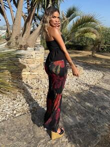 Manon Tanti 新款花卉印花弹力网眼裙，浪漫橙色大花休闲/约会裙