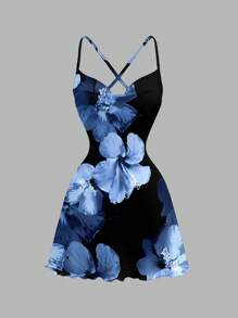 SHEIN SXY 蓝色芙蓉印花细肩带迷你连衣裙，适合节日、音乐节、海滩度假、浪漫、夏季迈阿密女孩 - 彩色 - 查看 3