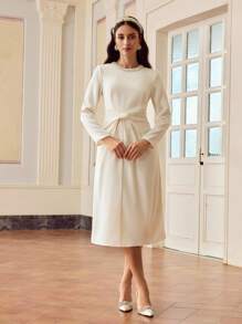 ZEYLAH FAUX PEARL AND BEADED DETAIL RUCHED WAIST MIDI DRESS - Apricot - View 5