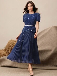 Anewsta Đầm dài tay phồng xếp ly họa tiết hoa 3D đính hạt thanh lịch dành cho nữ, váy maxi vải chắp vá, thắt eo, dự tiệc xuân/hè/tốt nghiệp - Màu xanh hải quân - Xem 4