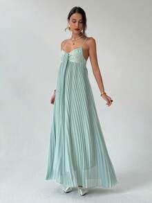 Aloruh 全新鸡尾酒会轻盈连衣裙，细肩带超长亮片拼接雪纺褶皱 A 字形无袖修身浅蓝色连衣裙 - 淺藍色 - 查看 6