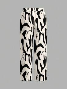 SHEIN Essnce 女士休闲不对称几何笔触印花裤，适合夏季度假 - 彩色 - 查看 4