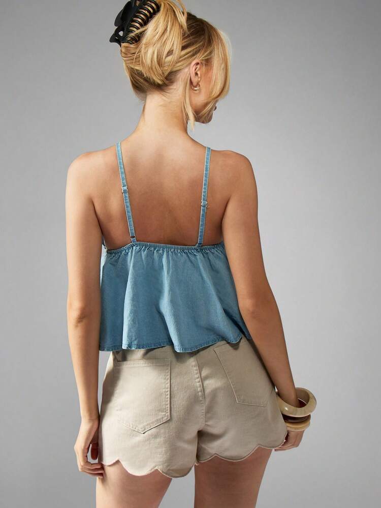 MISSGUIDED スカラップエッジデニムショーツ ハイウエスト バミューダ コットン ビーチウェア クラシックカット サマーフェスティバル バケーション リゾートウェア レトロスタイル 暑い季節快適フィット