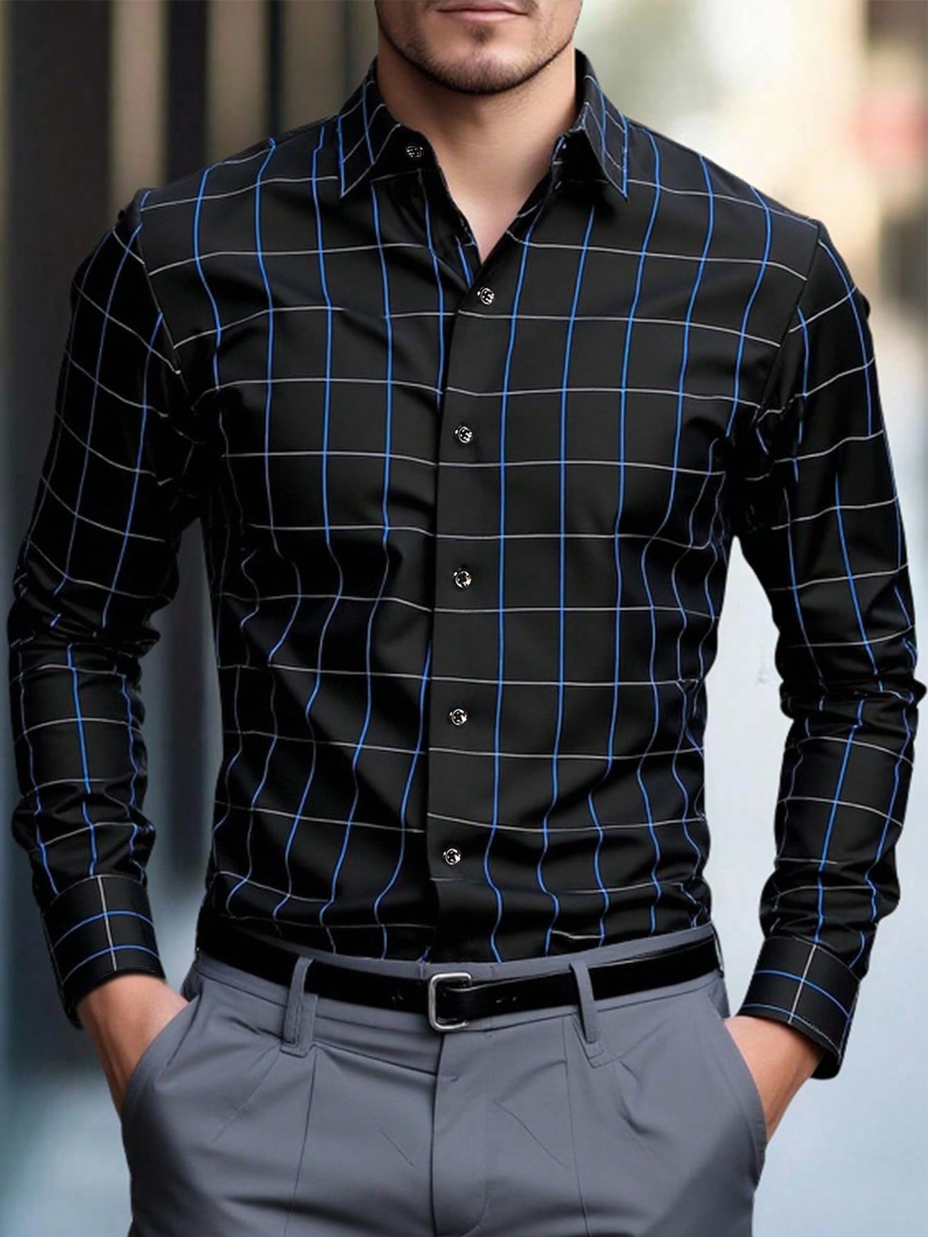 Manfinity Mode قميص كاجوال أزرق رجالي ذو نقشة مربع...