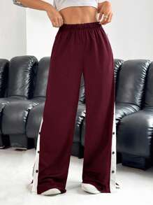 SHEIN EZwear 女式休闲勃艮第色块侧扣宽松裤 - 酒紅色 - 查看 5