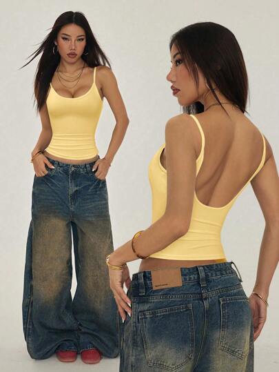 SHEIN PETITE Mustard Yellow Casual Knitted Cami With Spaghetti Straps And Backless Design Y2k Tops Yellow Tank Top Summer Tops Yellow Bodysuit 2000s Tops Y2k Clothes Women Tops Summer Tops Y2k Y2k Tank Top