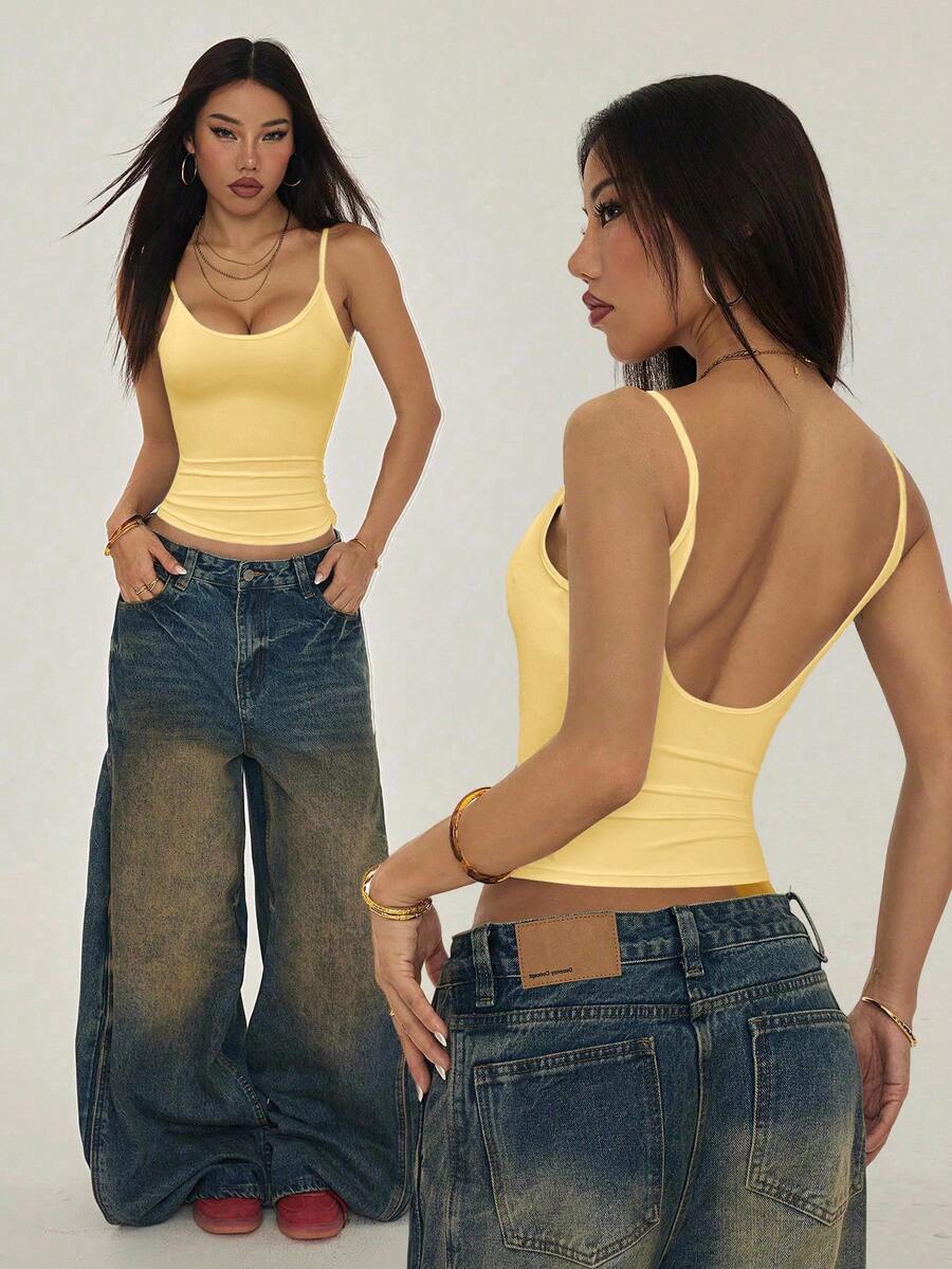 SHEIN PETITE Mustard Yellow Casual Knitted Cami With Spaghetti Straps And Backless Design Y2k Tops Yellow Tank Top Summer Tops Yellow Bodysuit 2000s Tops Y2k Clothes Women Tops Summer Tops Y2k Y2k Tank Top - Mustard Yellow - View 1