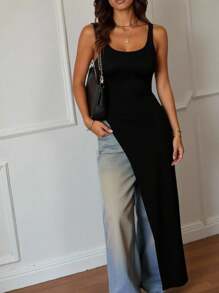 INAWLY 女士圆领无袖不对称下摆纯色优雅衬衫，女士休闲露背、口袋、开衩方领修身黑色纯色女式上衣，春夏，休闲日常穿着 - 黑色 - 查看 3