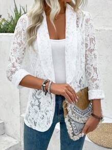 EMERY ROSE Ladies' Lace Loose Jacket With Shawl Collar And Half Curve Hem For Holiday Party Clothes