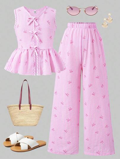 Sparklyn 2pcs Tween Girls Sleeveless Shirt With Bow Button And Elongated Pants Set