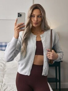 EMERY ROSE 落肩纽扣前开衫，长袖上衣 - 灰色 - 查看 1