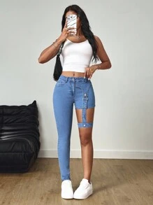 SHEIN Tall Asymmetric Length Tie-Up High Waist Skinny Jeans - Medium Wash - View 1