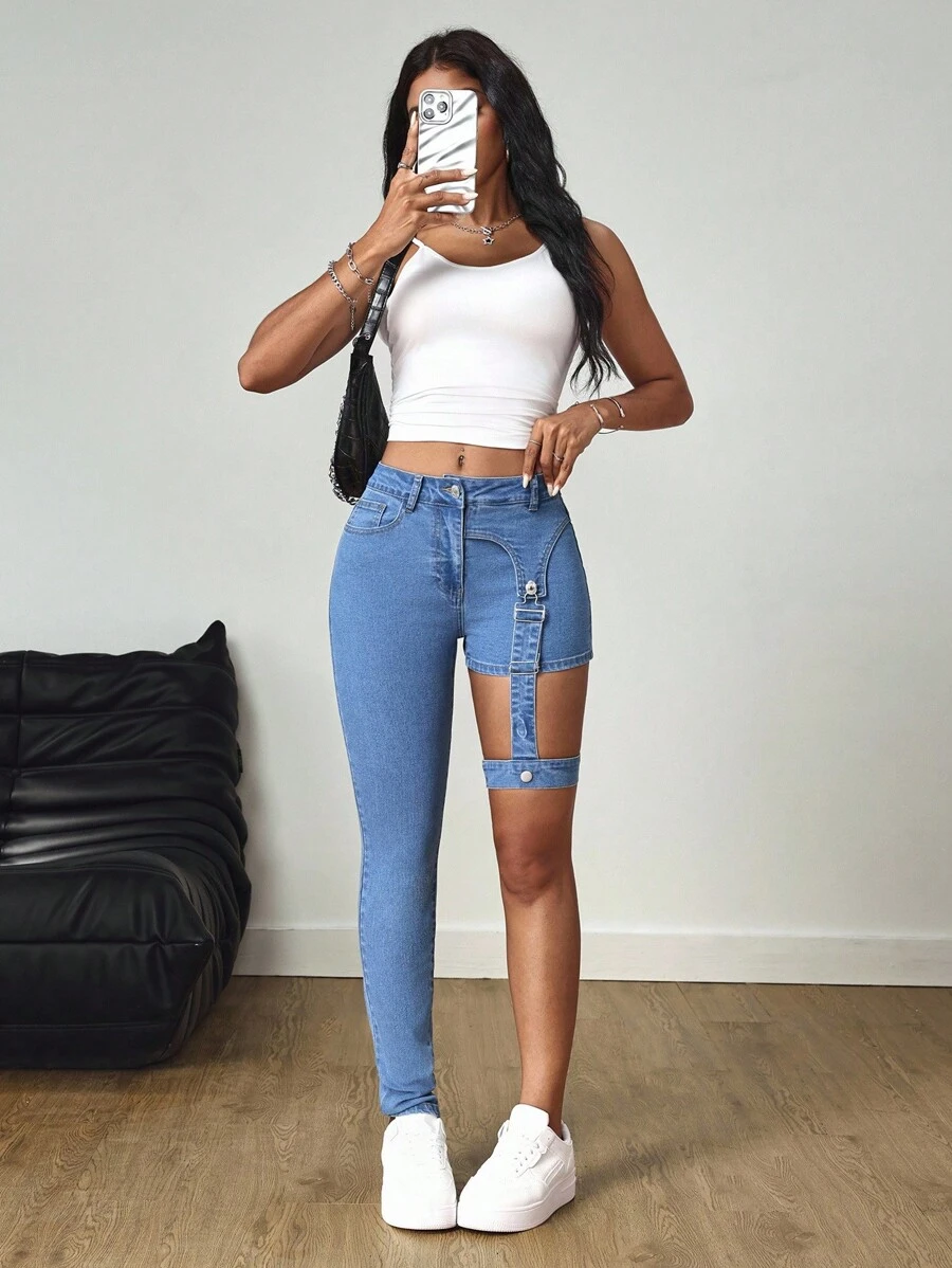 SHEIN Tall Asymmetric Length Tie-Up High Waist Skinny Jeans - Medium Wash - View 1